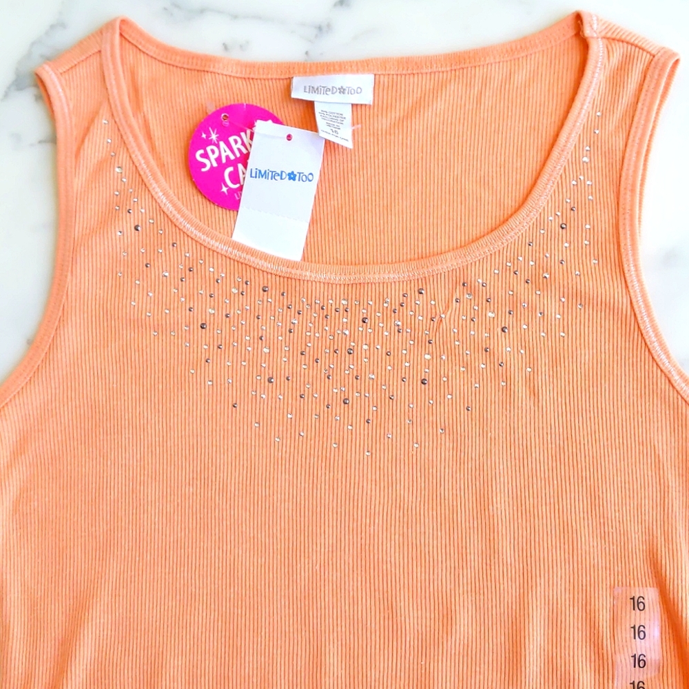 NWT. Limited Too Cotton Blended Orange Tank Top w/crystals, lace & embroidery.